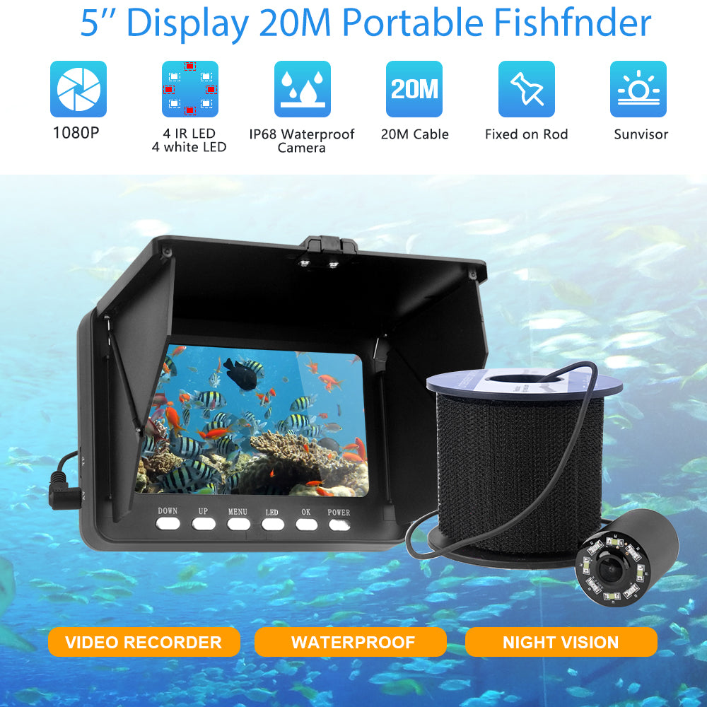 5'HD 1080P Fish Finder Underwater Fishing Camera DVR 5000mah Battery 20xzoom 4 IR LEDS 4 White LEDs