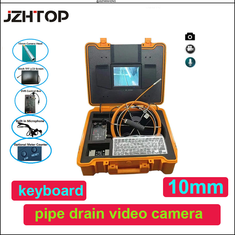 10mm Pipe Video Endoscope Drain Sewer Inspection System Strong Cable DVR Meter Counter Option 8'LCD Monitor Keyboard