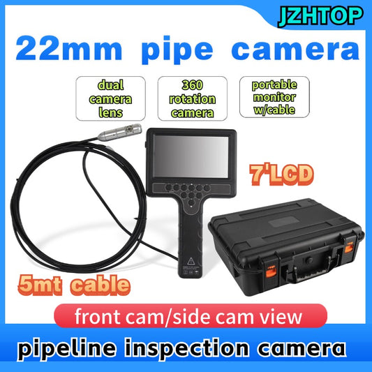 Dual Lens 22mm Pipe Endoscope Camera 720P 7'LCD 5mt Cable Drain Sewer Video Inspection Camera 360 Pan Rotation