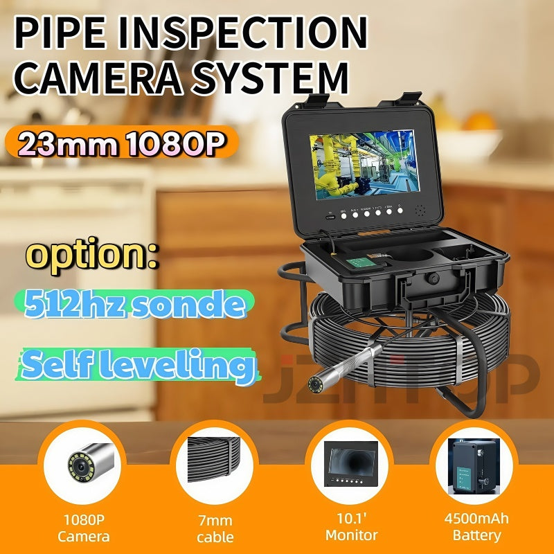AHD 1080P 23mm Pipe Inspection Camera System Drain Sewer Endoscope Video Borescope 512hz Sonde Self Leveling 10.1'LCD 7mm Cable