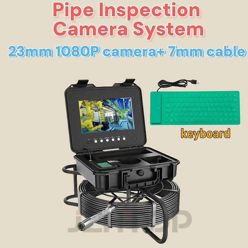 Pipe Drain Sewer Inspection Camera 7mm Cable 23mm 512hz Sonde Self Leveling 1080P 10.1'IPS Meter Counter Keyboard DVR
