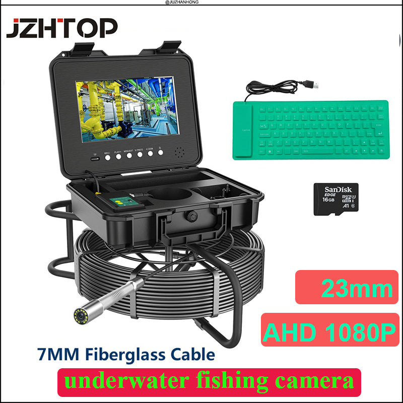 Pipe Drain Sewer Inspection Camera 7mm Cable 23mm 512hz Sonde Self Leveling 1080P 10.1'IPS Meter Counter Keyboard DVR