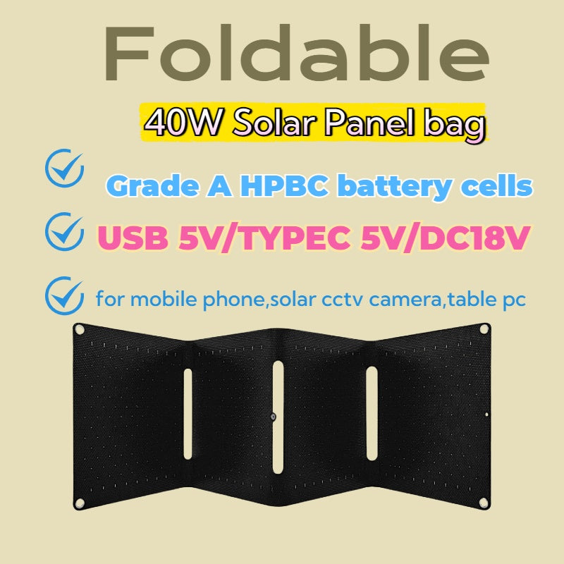 Foldable Solar Panel Bag 40W DC 18V USB Type-C 5V Folding Solar Power Supply