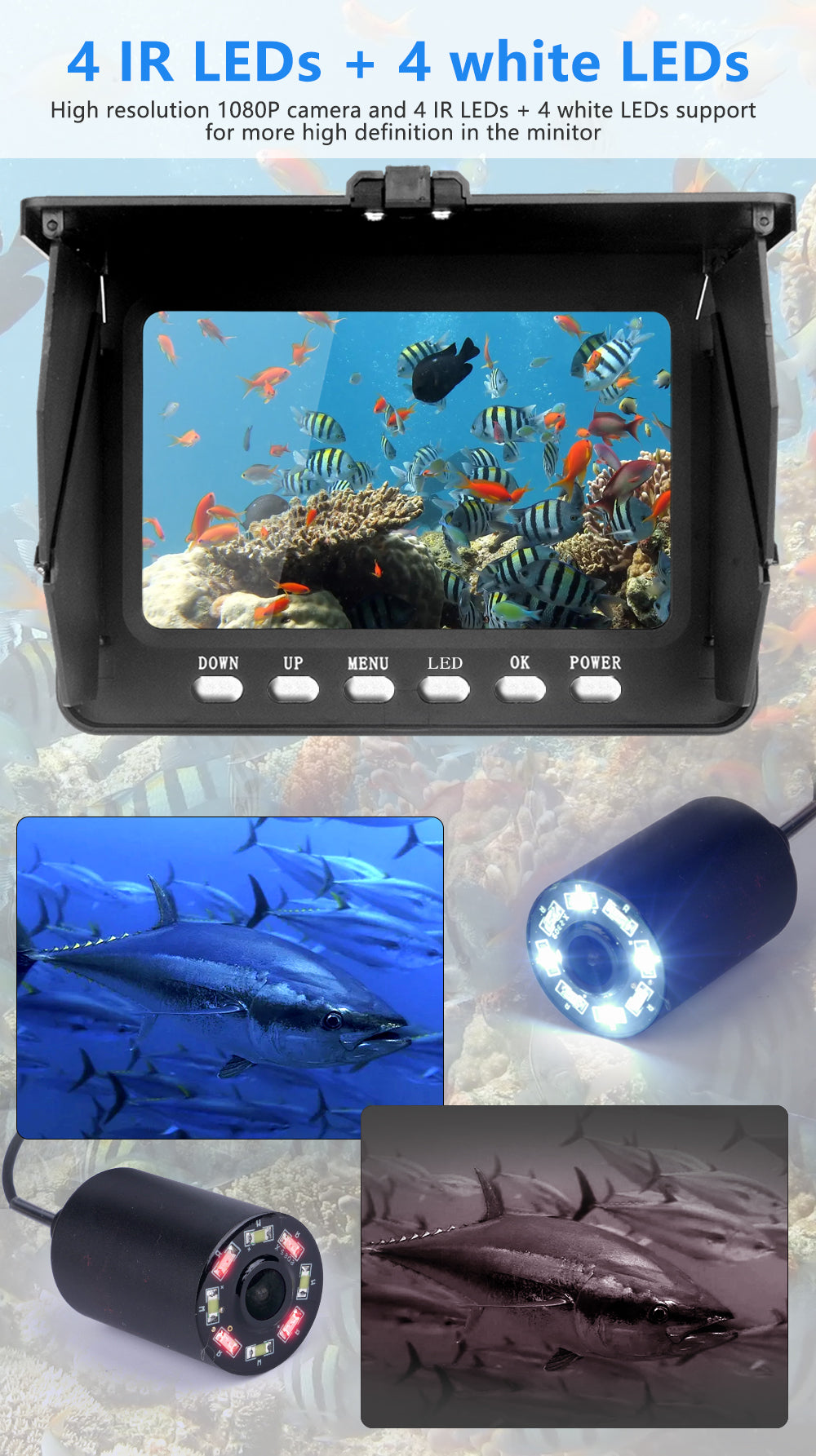 5'HD 1080P Fish Finder Underwater Fishing Camera DVR 5000mah Battery 20xzoom 4 IR LEDS 4 White LEDs