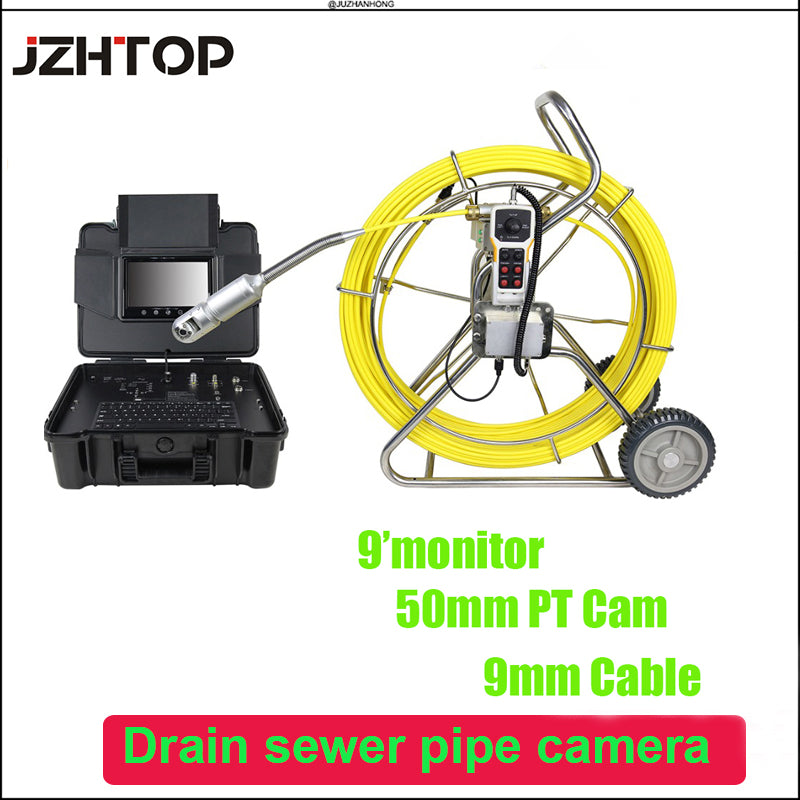 50mm Pan Tilt Rotate Pipe Drain Sewer Duct Video Inspection Camera System DVR Meter Counter 9inch LCD 9mm 60m Cable
