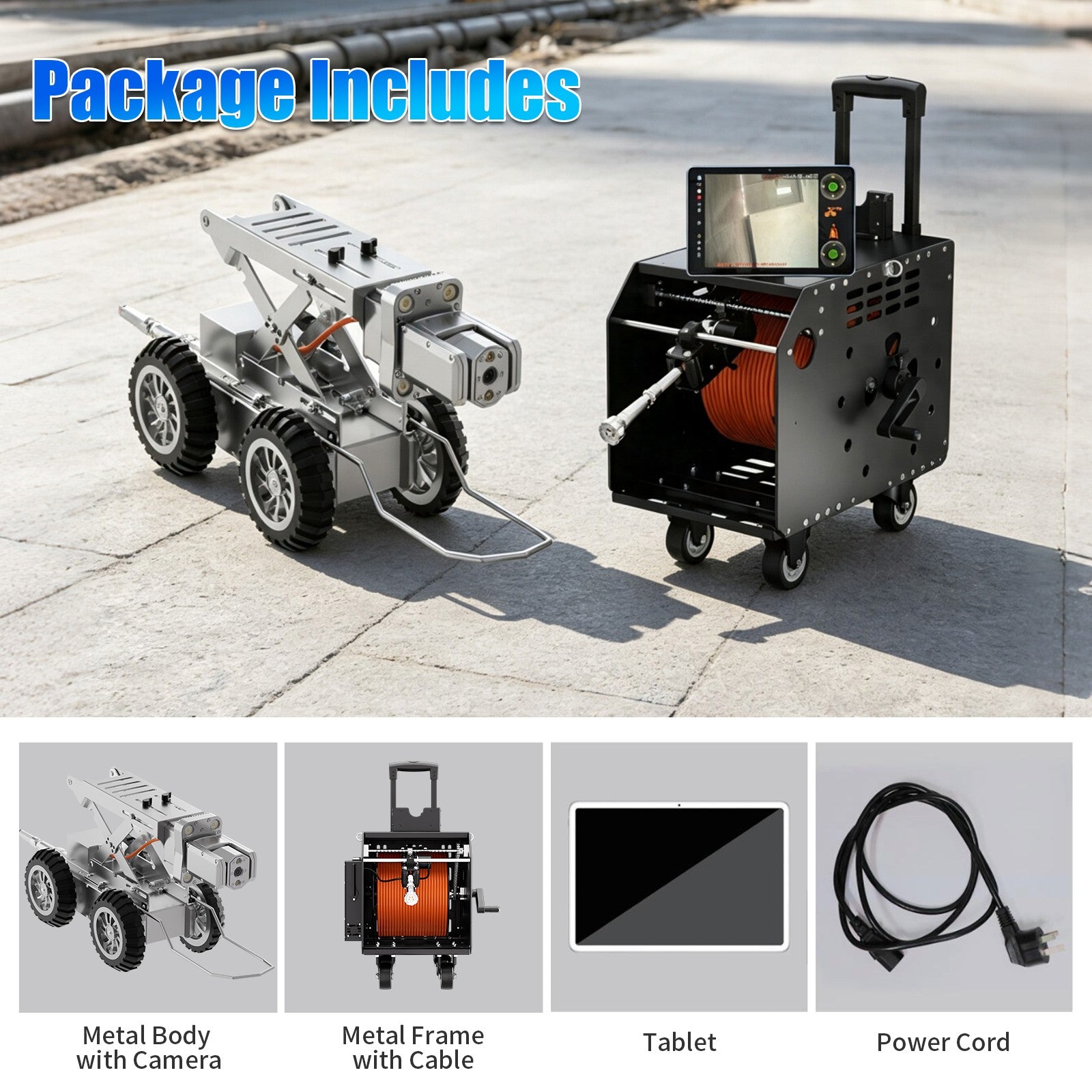 328Feet 100m Cable Drain Sewer Pipe Inspection Robot Dual 2MP Camera 4WD 10.4'tablet PC 360 Rotation Video Camera