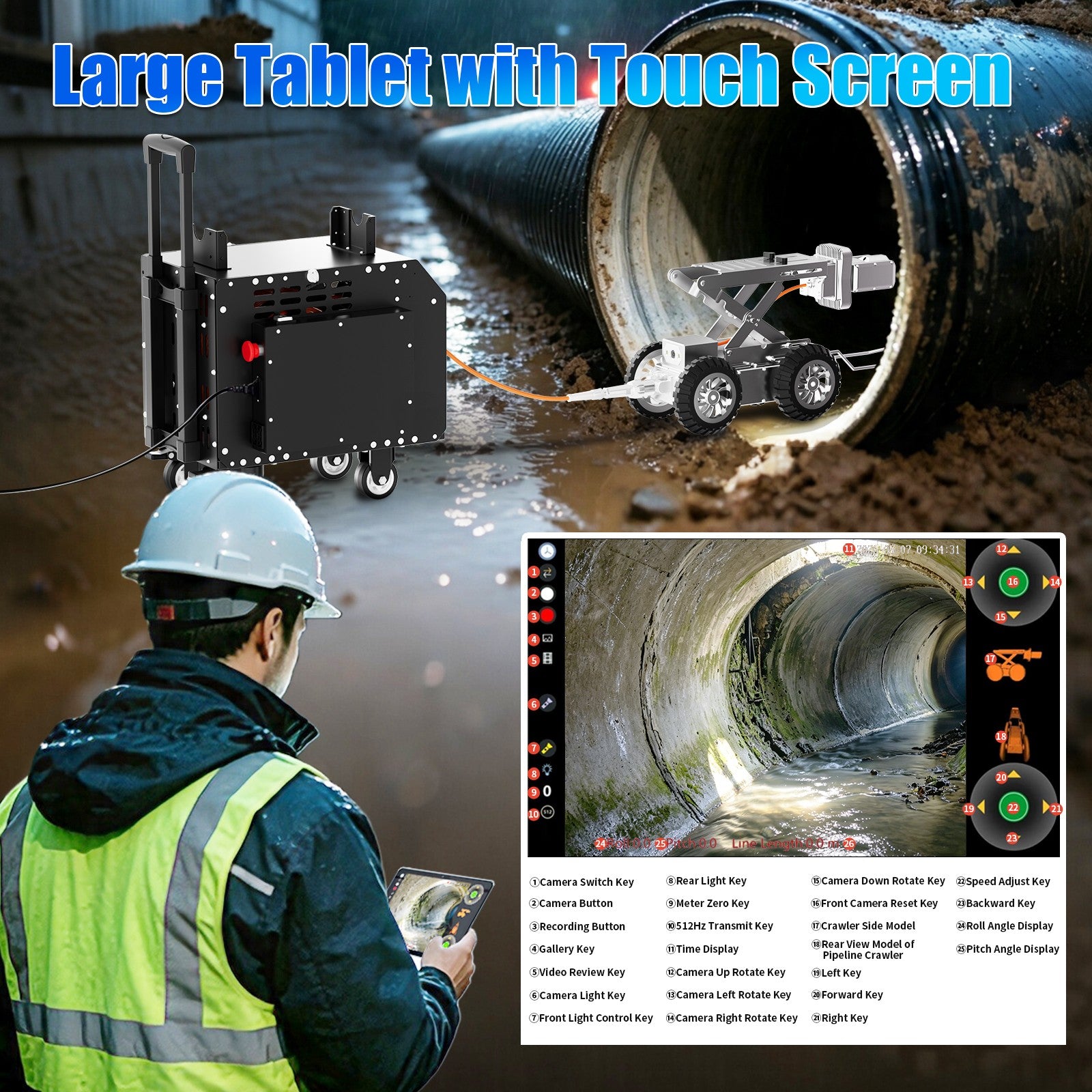 328Feet 100m Cable Drain Sewer Pipe Inspection Robot Dual 2MP Camera 4WD 10.4'tablet PC 360 Rotation Video Camera