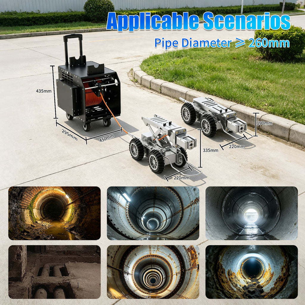 328Feet 100m Cable Drain Sewer Pipe Inspection Robot Dual 2MP Camera 4WD 10.4'tablet PC 360 Rotation Video Camera