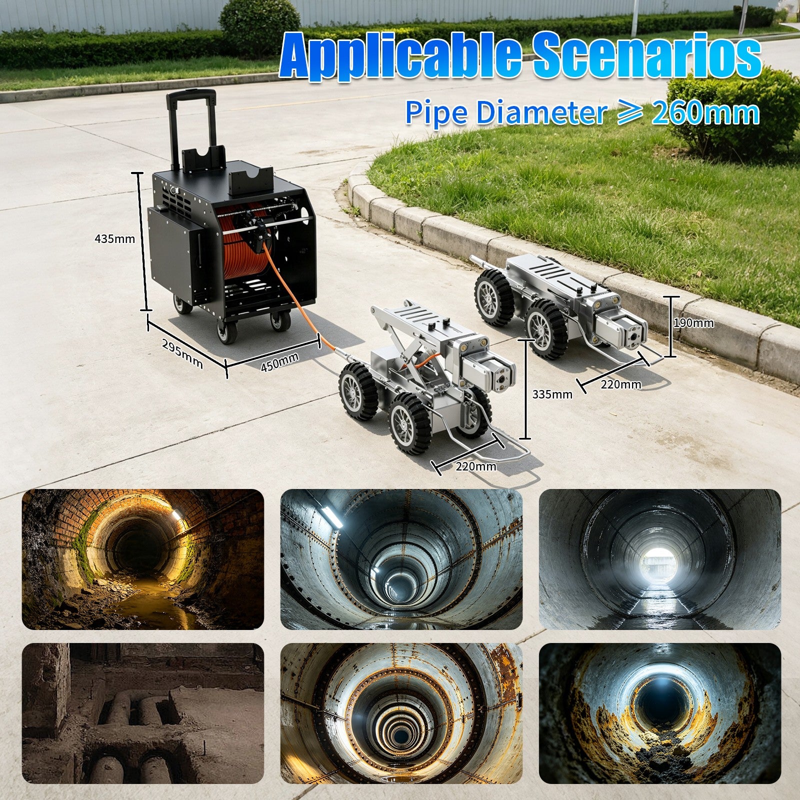 328Feet 100m Cable Drain Sewer Pipe Inspection Robot Dual 2MP Camera 4WD 10.4'tablet PC 360 Rotation Video Camera