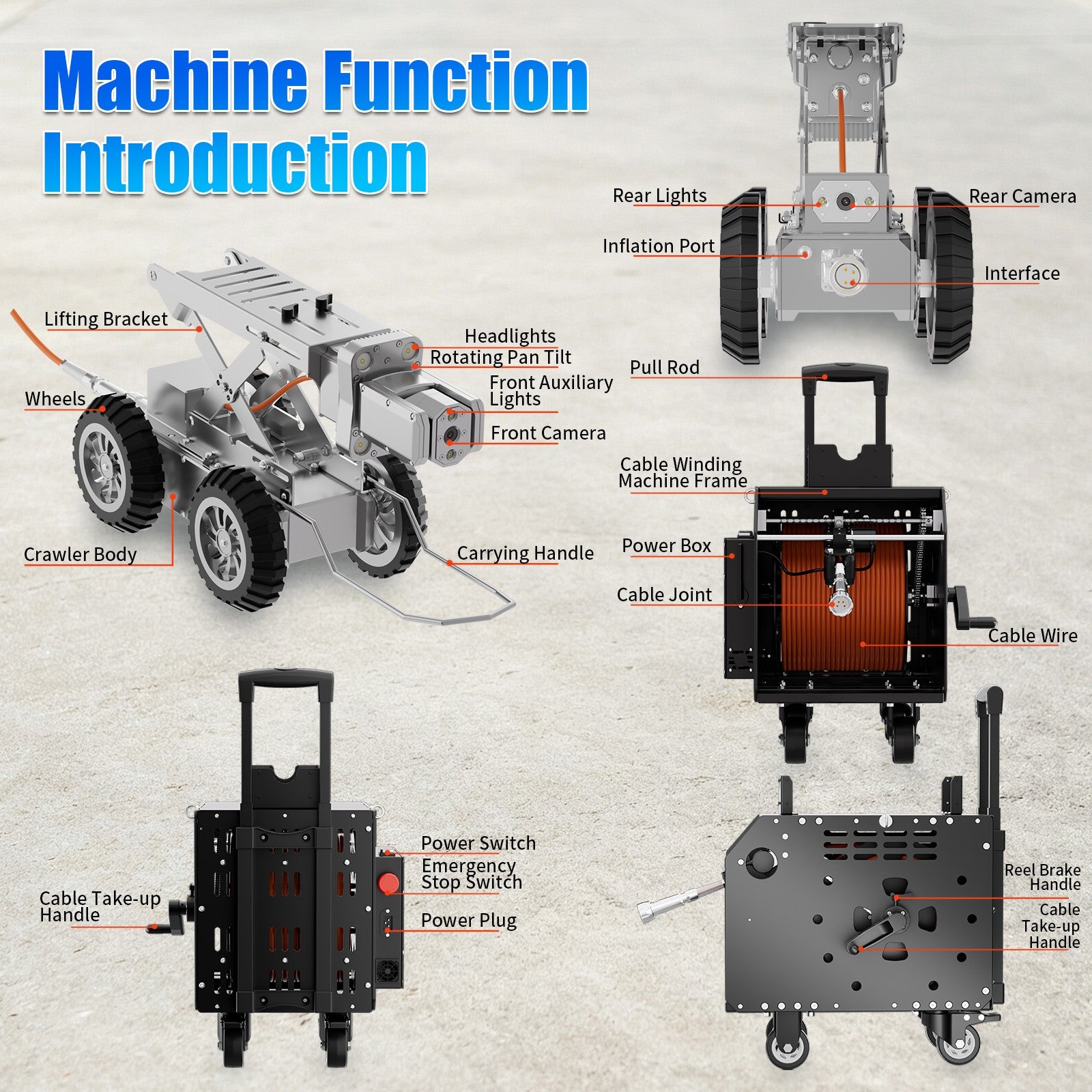 328Feet 100m Cable Drain Sewer Pipe Inspection Robot Dual 2MP Camera 4WD 10.4'tablet PC 360 Rotation Video Camera