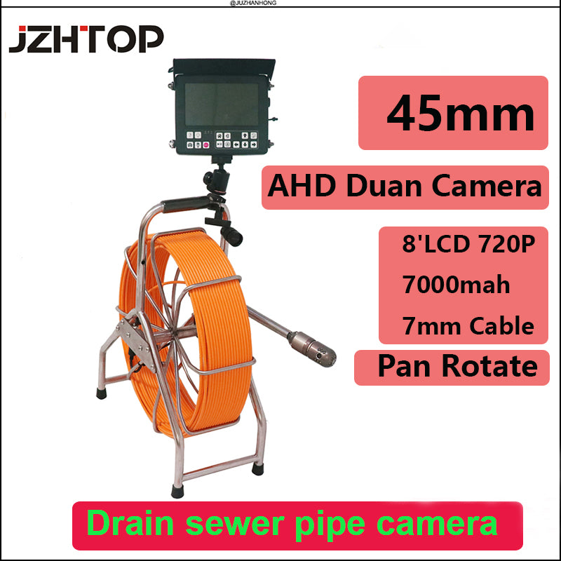 45mm AHD Duan Camera Head Pipe Inspection System Pan Rotate Drain Sewer Snake 8'LCD 720P 7000mah Battery 7mm Cable