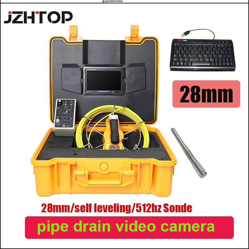 28mm pipe locating video inspection camera system keyboard input meter counter long spring self leveling balance DVR 7'LCD ABS Case