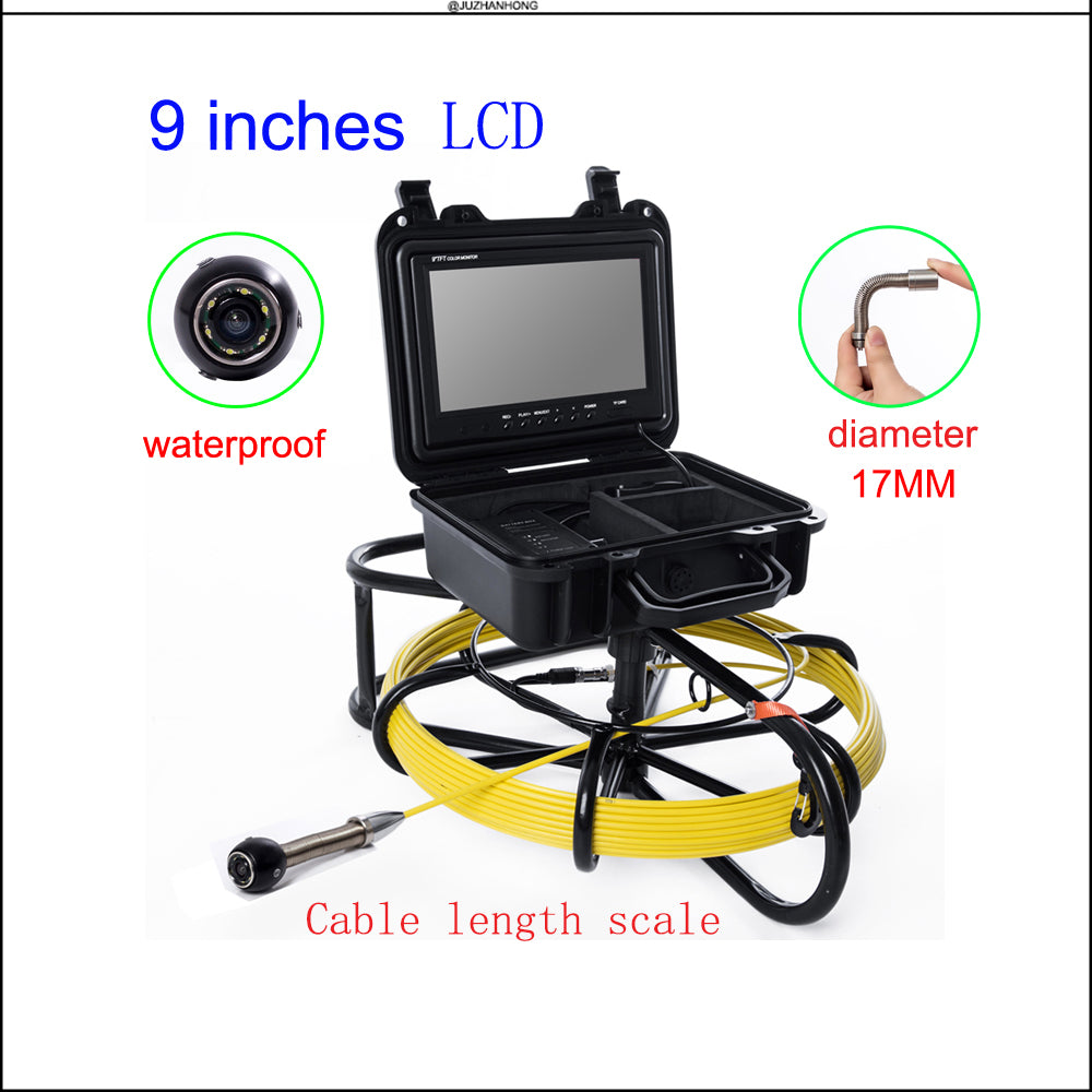 9'Screen 17mm Video Inspection Camera System Kit Drain Sewer Pipe Camera Endoscope Borescope 20m 50m Hard Cable Battery